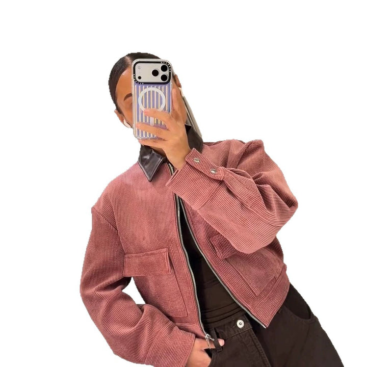 Women's Short Cord Jacket with Contrasting Leather Collar, Oversized Silhouette and Metal Zipper Amarae
