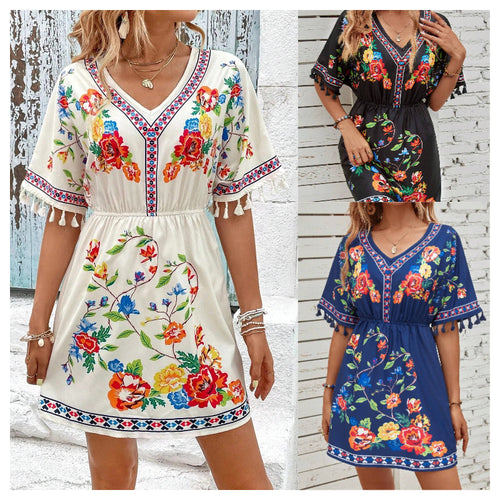 Casual women's dress with a floral design and fringe sleeves Amarae