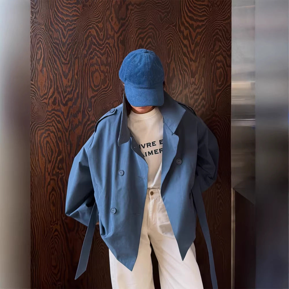 Women's Oversize Cropped Trench Coat with Wide Lapels and Tie Belt Amarae