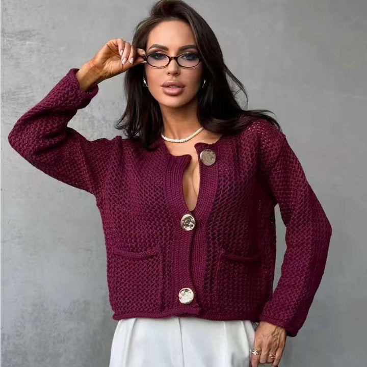 Cardigan pour femmes avec structure en mesh et grands détails de bouton Chic & Stil