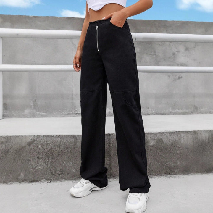 Women's High-Waisted Wide-Leg Jeans with Visible Front Zip, Knee Darts and Raw Hem Amarae