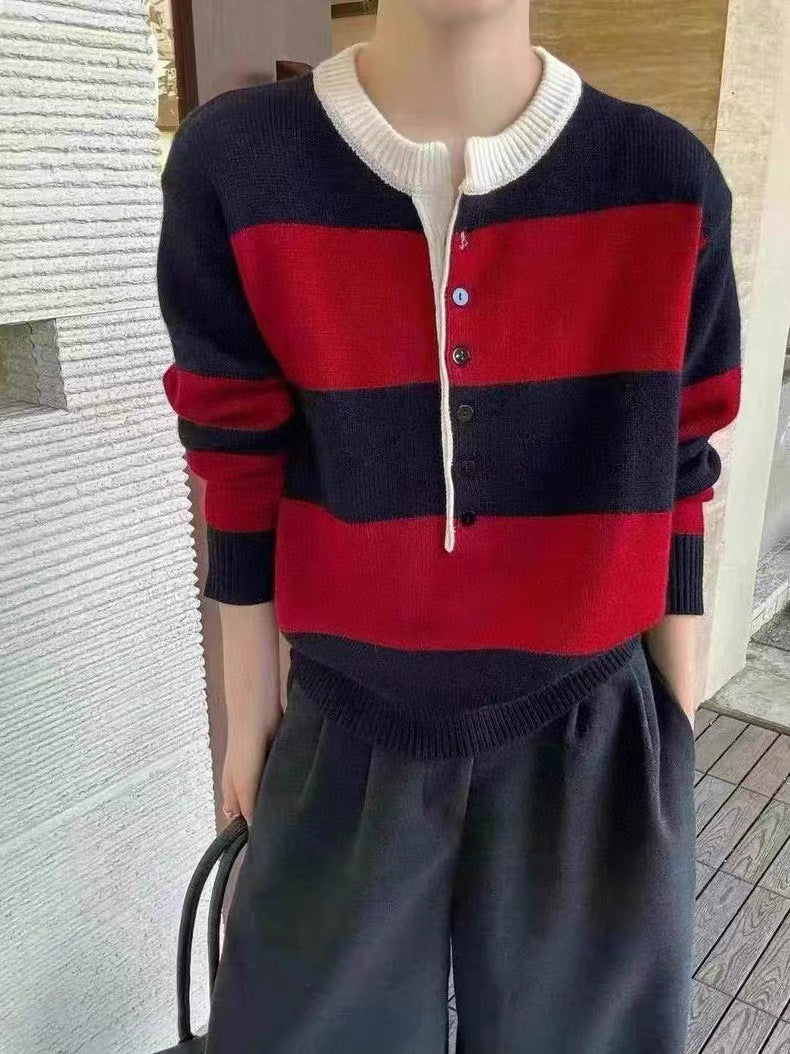Pull en maille à manches courtes pour femme avec patte de boutonnage et rayures contrastées Chic & Stil