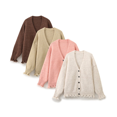 Casual knitted jacket for women with fringed hem and button closure Amarae