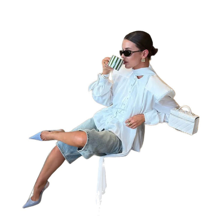 Women's Elegant Blouse with Bow Tie Collar, Emphasized Shoulders, and Long Ties Amarae