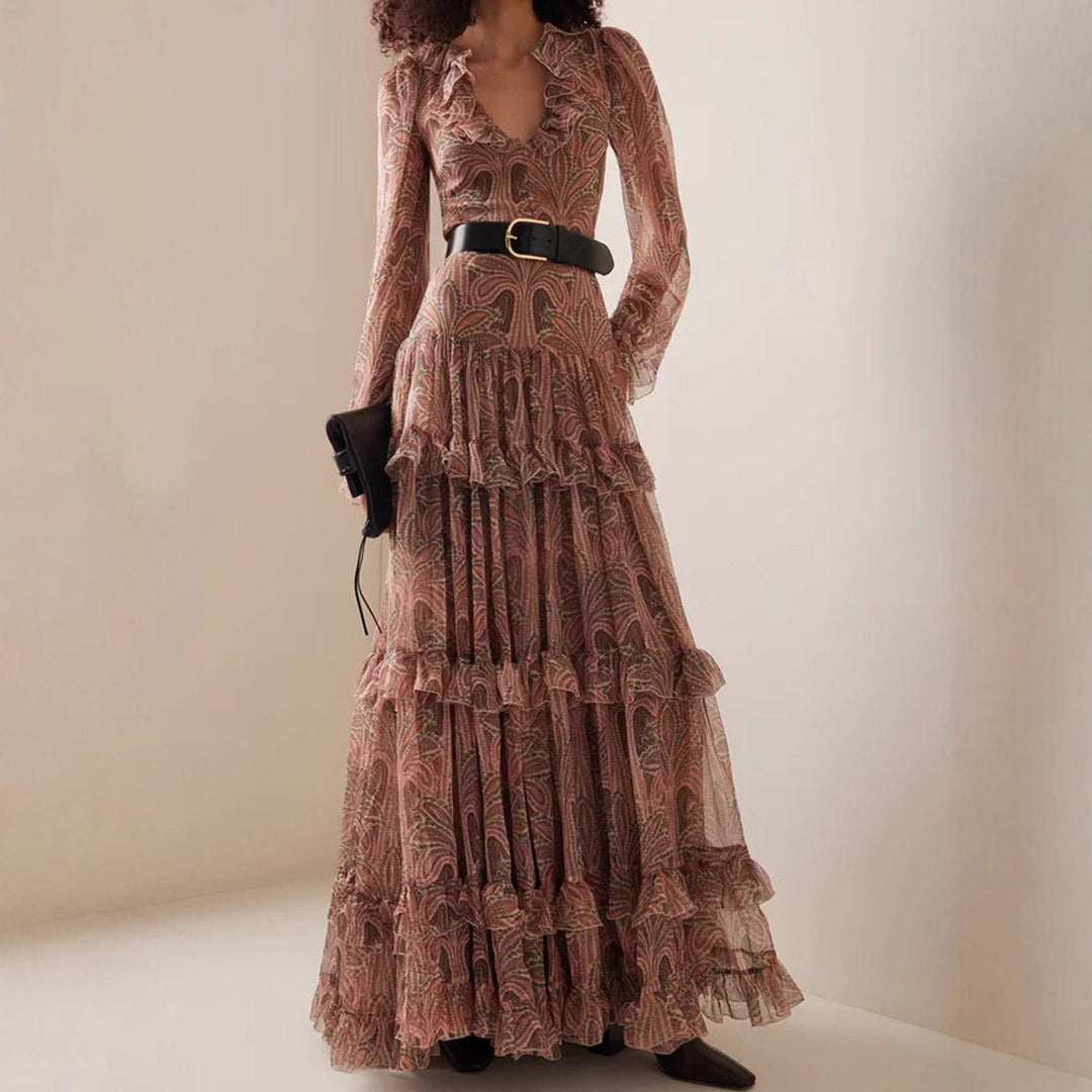 Maxi dress for women with ruffled fabric and elegant V-neck Lune London