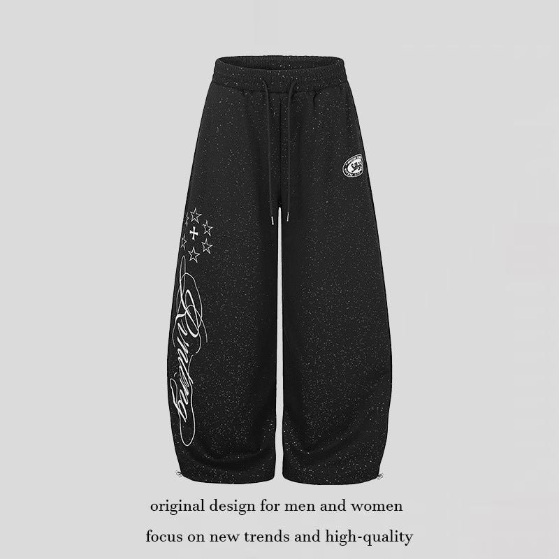 Women's Extra Wide Palazzo Sweatpants in Glitter Nep with Elastic Waistband, Drawstring and Star Script Print Amarae