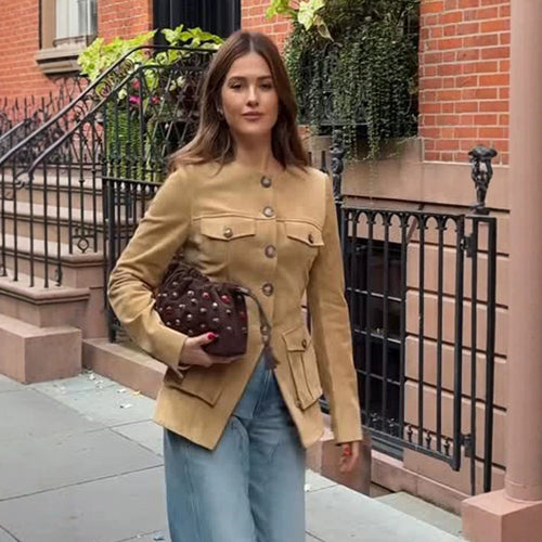 Women’s short jacket in military utility style with patched flap pockets and round neckline Amarae