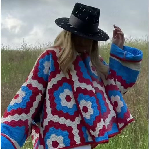 Women's quilted jacket in crochet square look with boxy oversized silhouette Amarae
