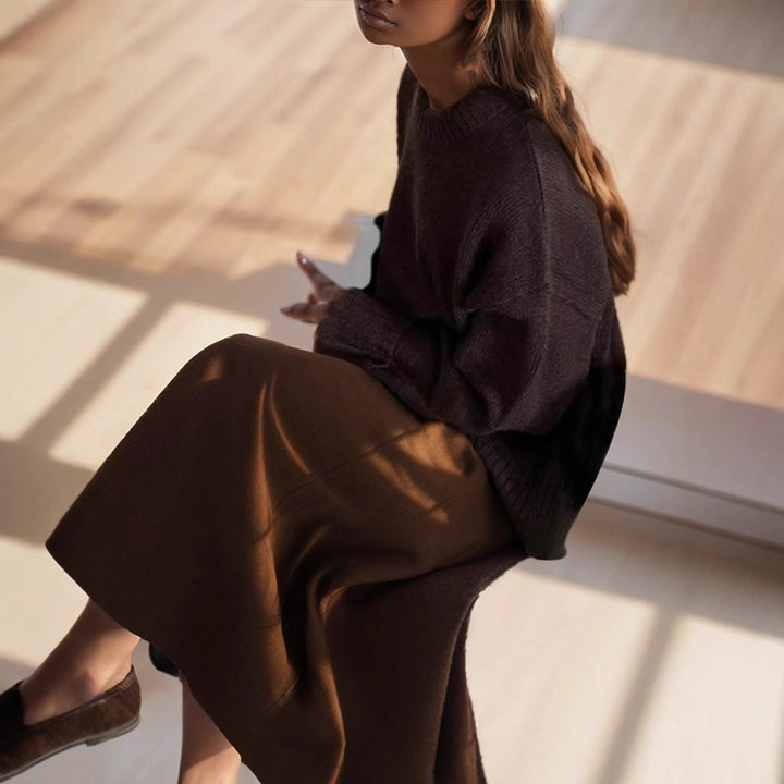 Women's oversized knit sweater with wide ribbed hem and trumpet sleeves Amarae