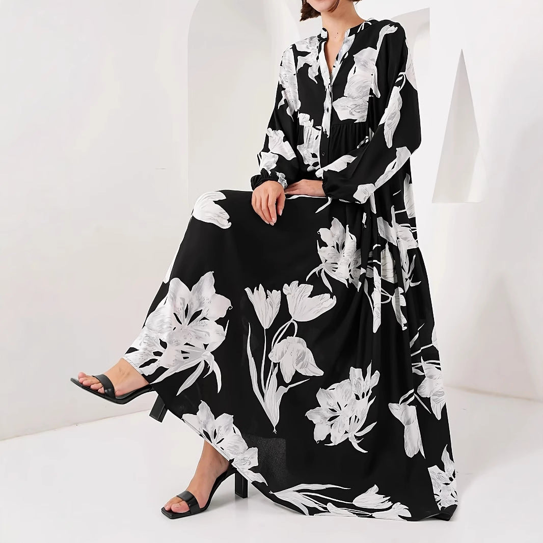 Women’s maxi dress with floral print and elegant button design Lune London