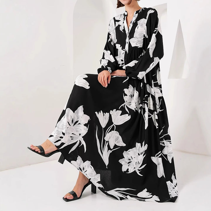Women’s maxi dress with floral print and elegant button design Lune London