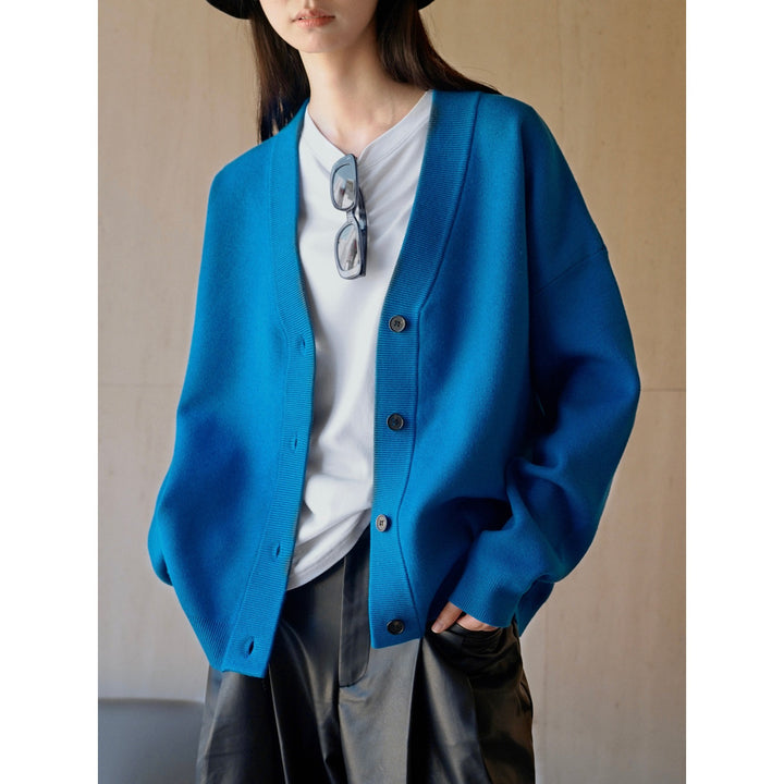 Women's Loose V-Neck Cardigan made of fine cotton blend with drop shoulder and button placket Amarae