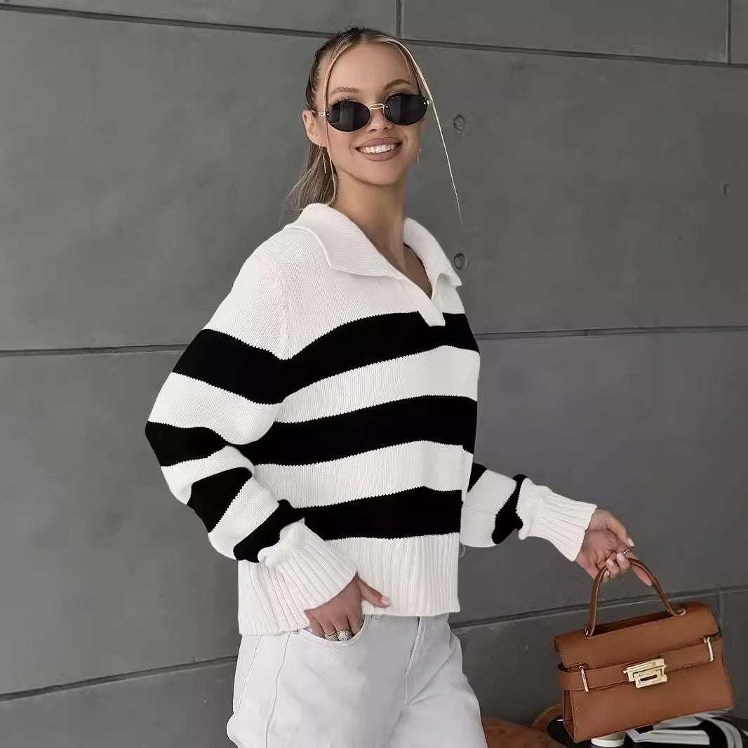 Women Oversized Sweater with Classic Collar and Chic Striped Design
