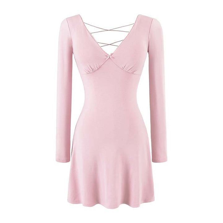 Ladies form-fitting mini dress with a deep V-neckline, gathered bust, and crossed back straps Amarae