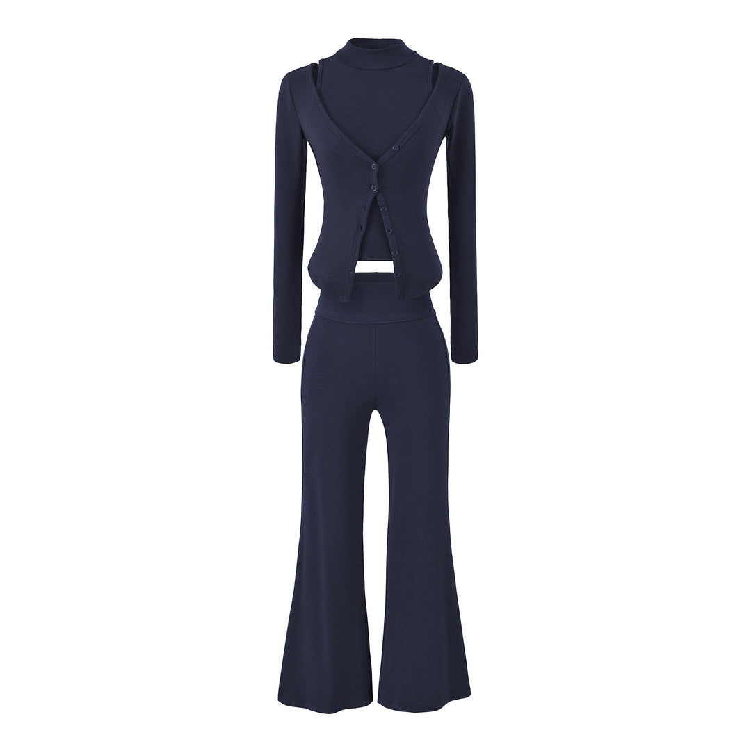 Women Figure-Hugging Layering Set with Turtleneck Long Sleeve and Asymmetrical Button Jacket and Flared High-Waist Pants Amarae
