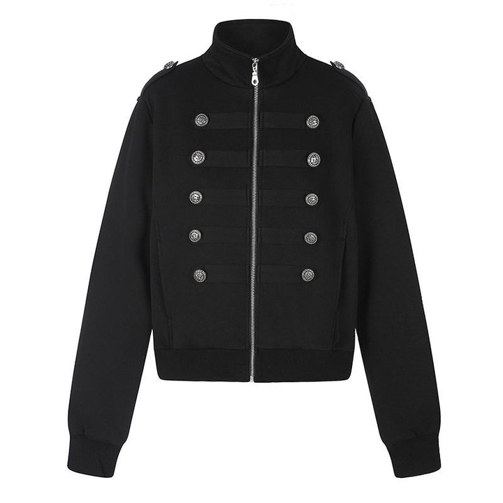 Women's short sweatshirt jacket with stand-up collar, double button detail and zipper Amarae
