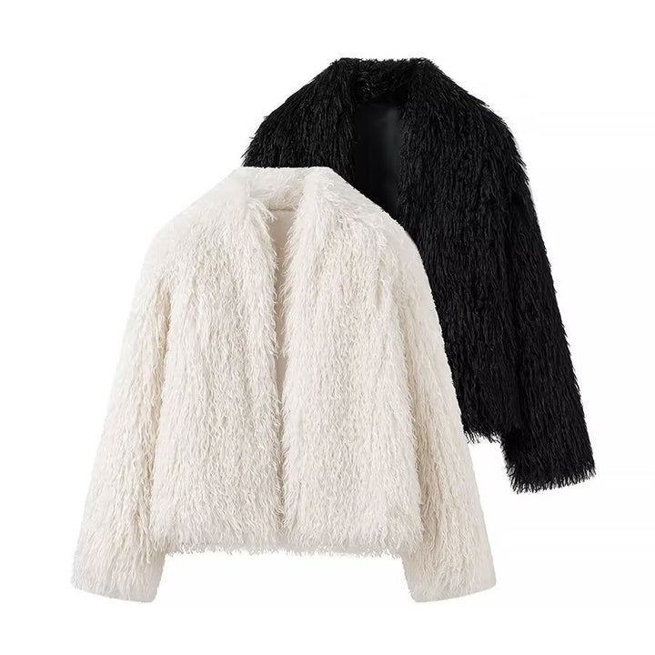 Women Short Fluffy Faux Fur Jacket with Long Fiber Texture Amarae