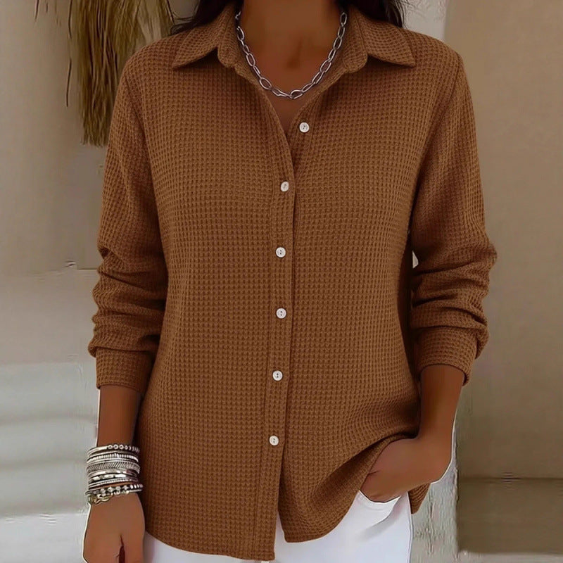 Women's Structured Shirt Blouse in Waffle Knit with Classic Collar and Continuous Button Placket Amarae