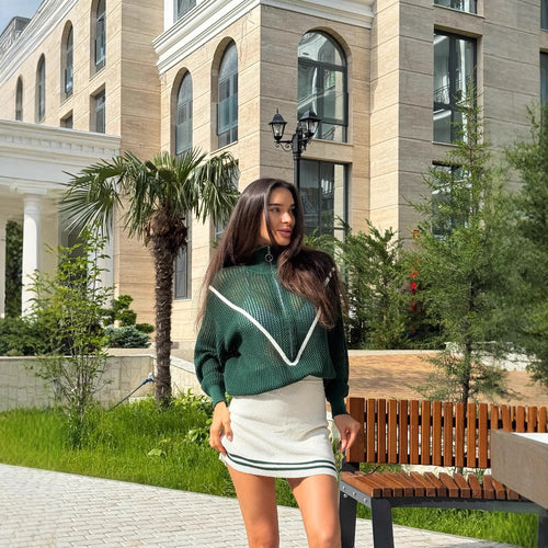 Elegant knitted sweater for women with high collar and trendy lace design Amarae