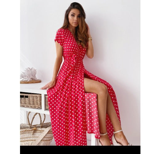 Maxi polka dot dress for women with side slit and tie belt Lune London
