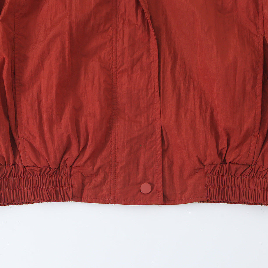 Women's Lightweight Cropped Bomber Jacket with Stand Collar, Elastic Hem and Snap Button Placket Amarae