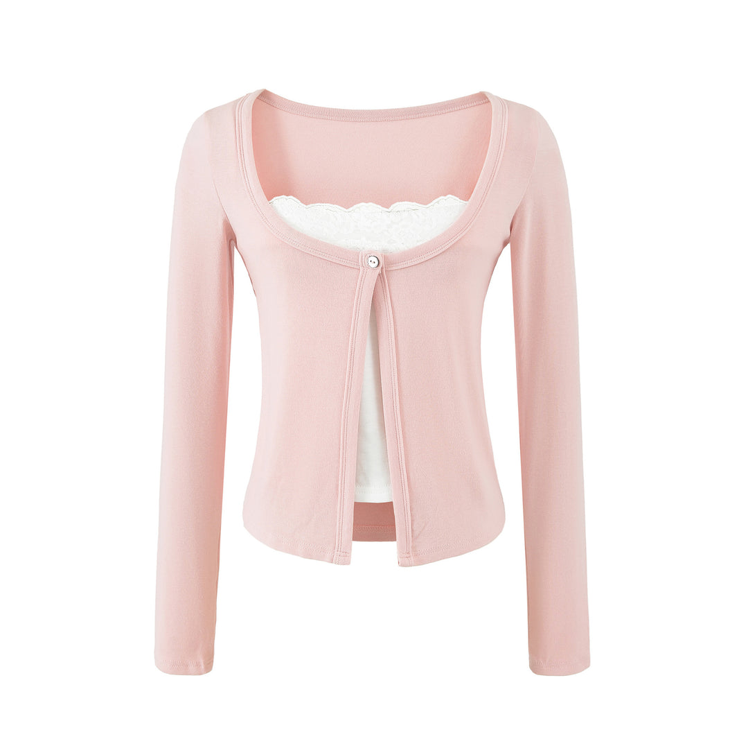 Women's layered cardigan with integrated lace cami and single-button closure Amarae