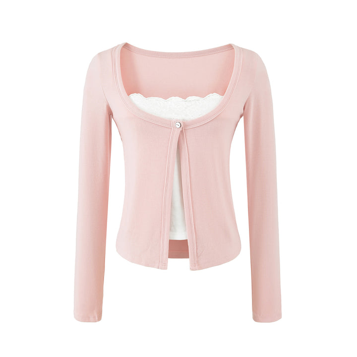 Women's layered cardigan with integrated lace cami and single-button closure Amarae