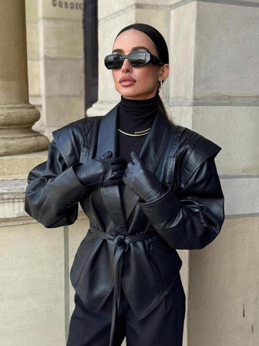 Trendy women's biker jacket with decorative lace details and an elegant waist Amarae