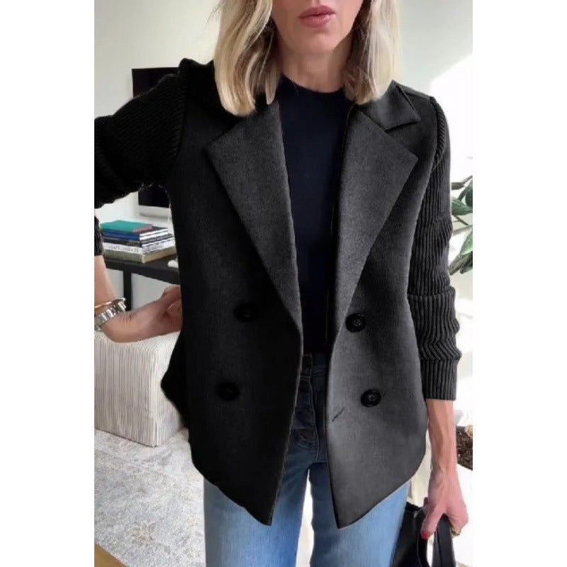 Women's Double-breasted Blazer Vest with Wide Lapels and Ribbed Knit Sleeves Amarae