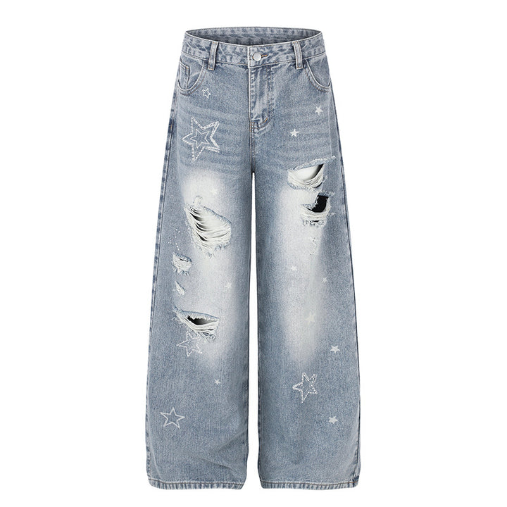 Ladies Wide Distressed Palazzo Jeans with Star Embroidery Amarae