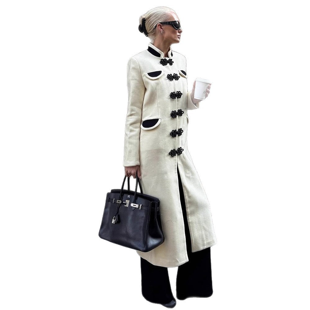Women's maxi length tailored wool blend coat with stand-up collar and decorative frog closures Amarae