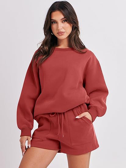 Women's Casual Two-Piece Lounge Sweatset with Oversized Round Neck Sweatshirt and High-Waist Relax Shorts Amarae