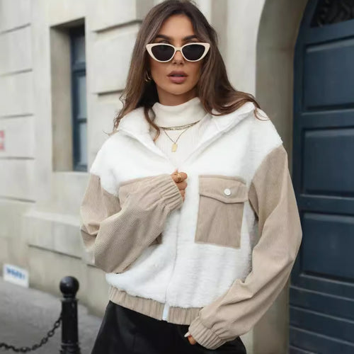 Fleece jacket for women with hood and trendy corduroy details Amarae