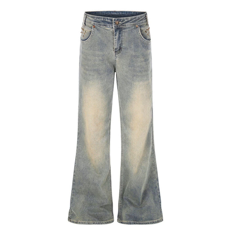Women's Wide High-Waist Flared Jeans with Used Effect, Embroidered Back Pockets and Rivets Amarae