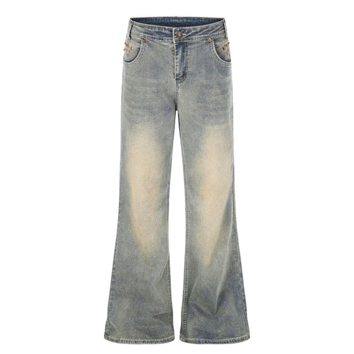 Women's Wide High-Waist Flared Jeans with Used Effect, Embroidered Back Pockets and Rivets Amarae