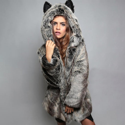 Ladies Cozy Fur Coat with Hood and Cat Ears Amarae
