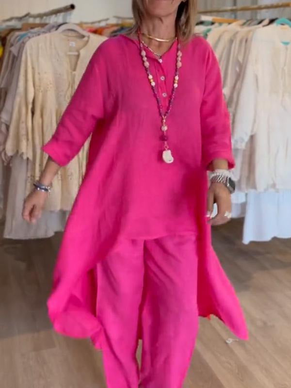 Women's Midi-Length Linen Tunic Set with Asymmetric Hem and Wide Palazzo Pants Amarae