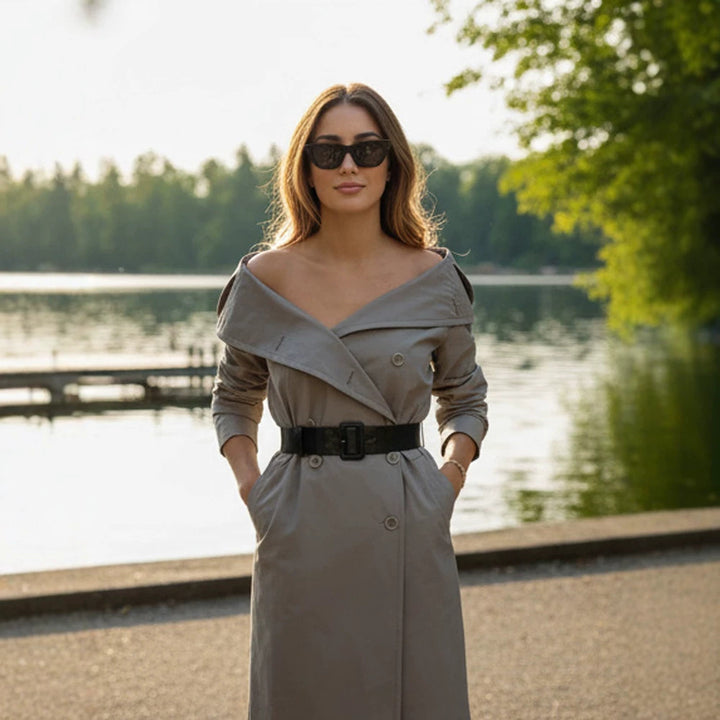 Women Off-Shoulder Trench Dress with Double-Breasted Button Placket and Fitted Patent Belt Amarae