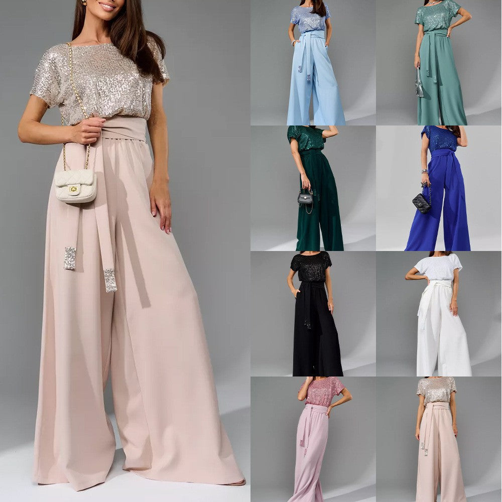 Women's Glittering Jumpsuit with Wide Leg and Waist Belt Lune London