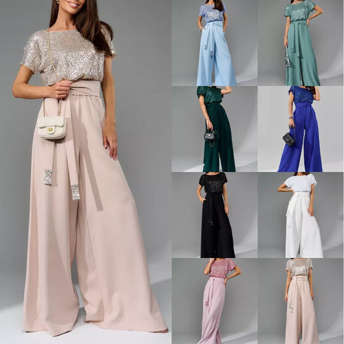 Women's Glittering Jumpsuit with Wide Leg and Waist Belt Amarae