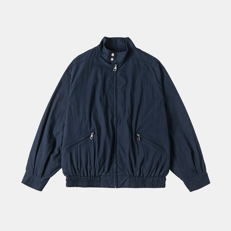 Men's Lightweight Harrington Jacket with Stand-up Collar, Elastic Hem, and Slanted Zipper Pockets Amarae