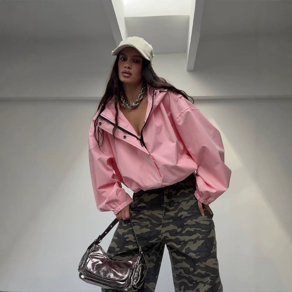 Women's Oversize Windbreaker Jacket with Hood and Short Cropped Cut Amarae