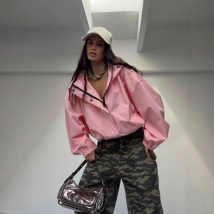 Women's Oversize Windbreaker Jacket with Hood and Short Cropped Cut Amarae
