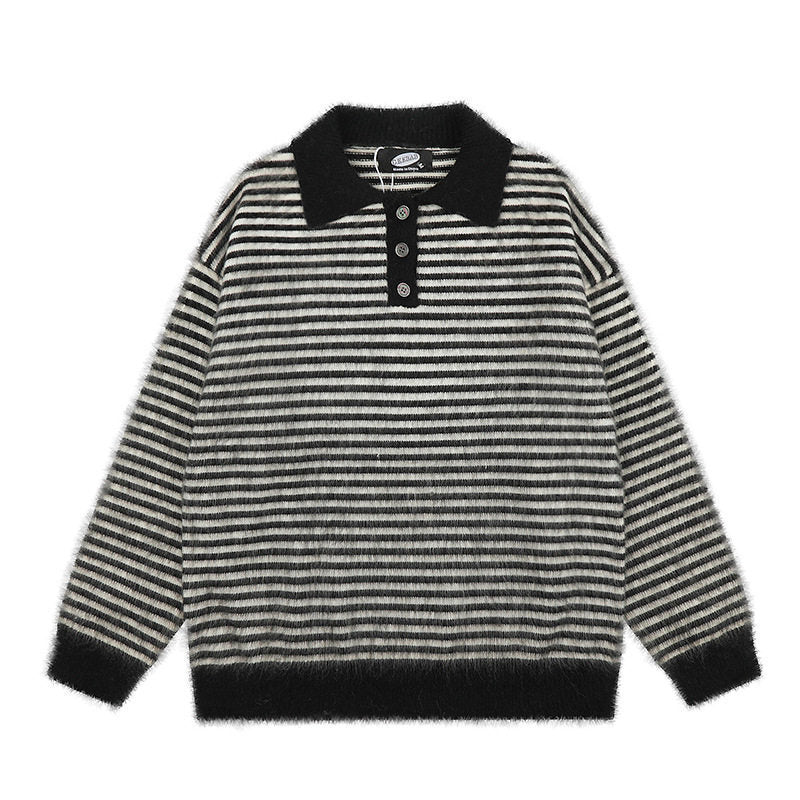 Women's Fluffy Knit Polo with Stripes, Contrasting Collar and Button Placket Amarae