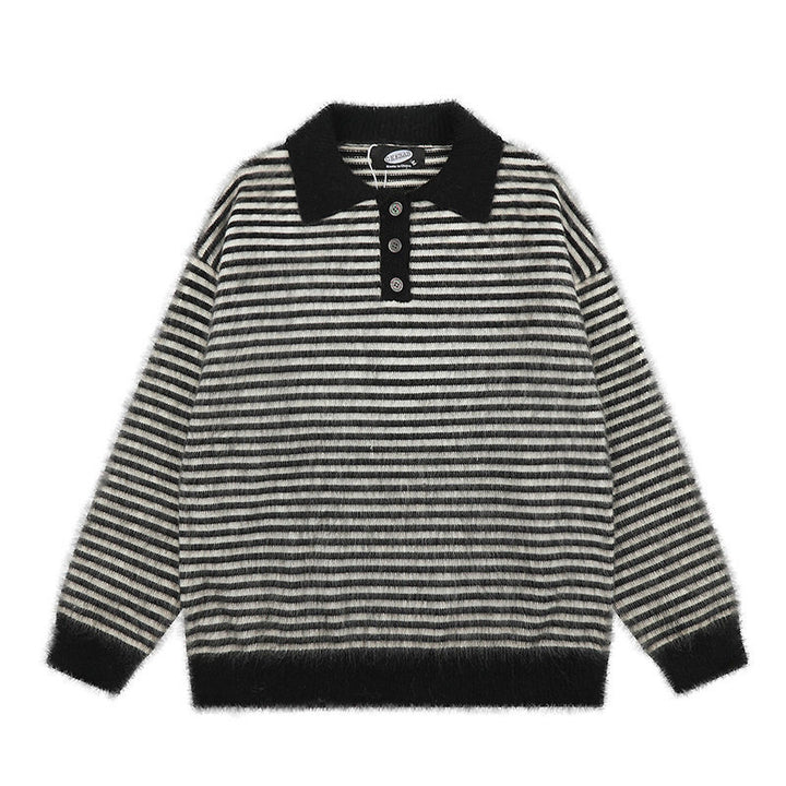 Women's Fluffy Knit Polo with Stripes, Contrasting Collar and Button Placket Amarae