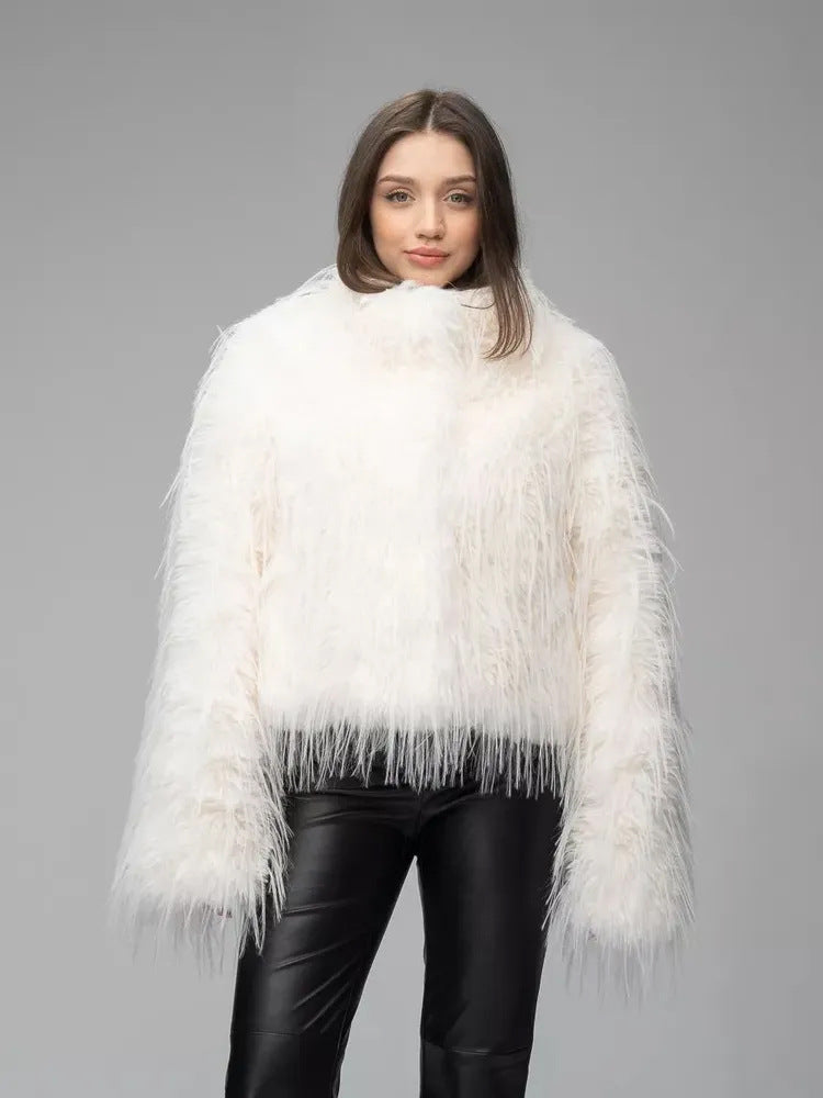 Ladies Trend Faux Fur Jacket with Elegant Fringe Lune London