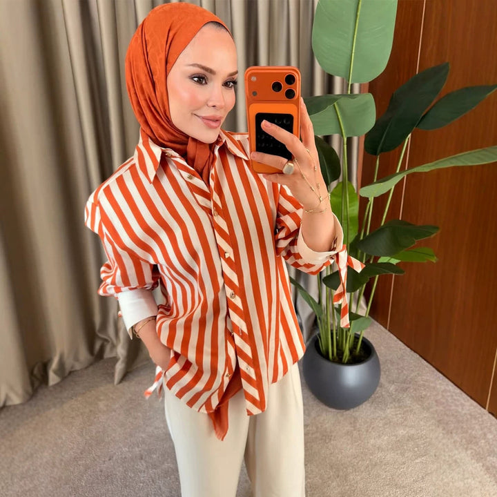 Women Striped Oversize Shirt Blouse with Ties on Sleeves and Concealed Button Placket Amarae