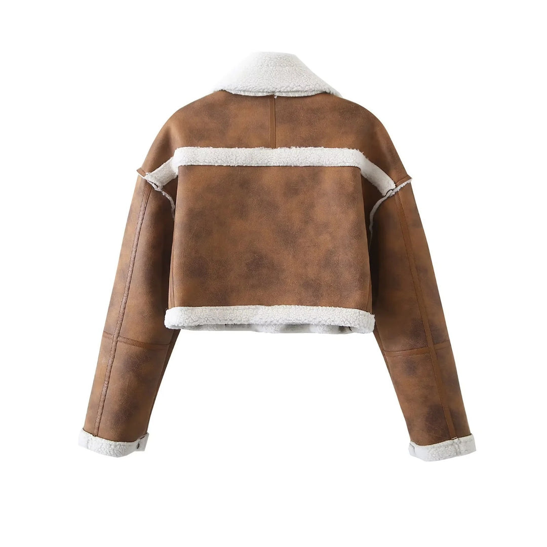 Ladies cropped synthetic leather jacket with comfortable teddy lining and practical pockets Lune London