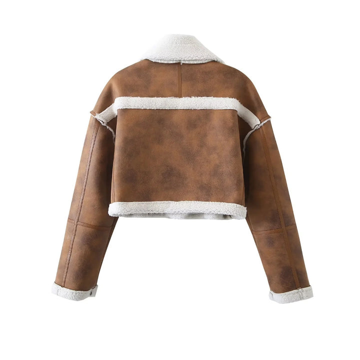 Ladies cropped synthetic leather jacket with comfortable teddy lining and practical pockets Lune London