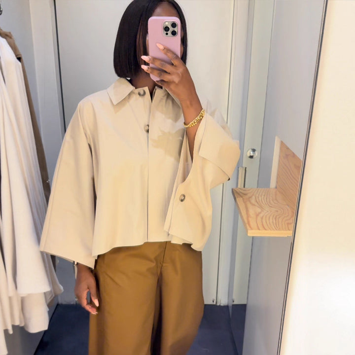 Women's Boxy Cropped Shirt Blouse with Wide Batwing Sleeve and Fine Tuck Amarae